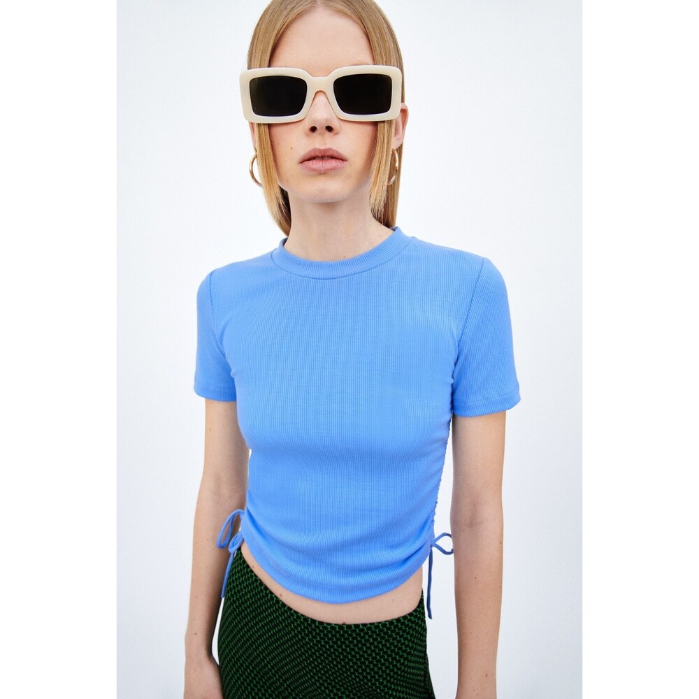 Zara Ruched Ribbed Top Blue